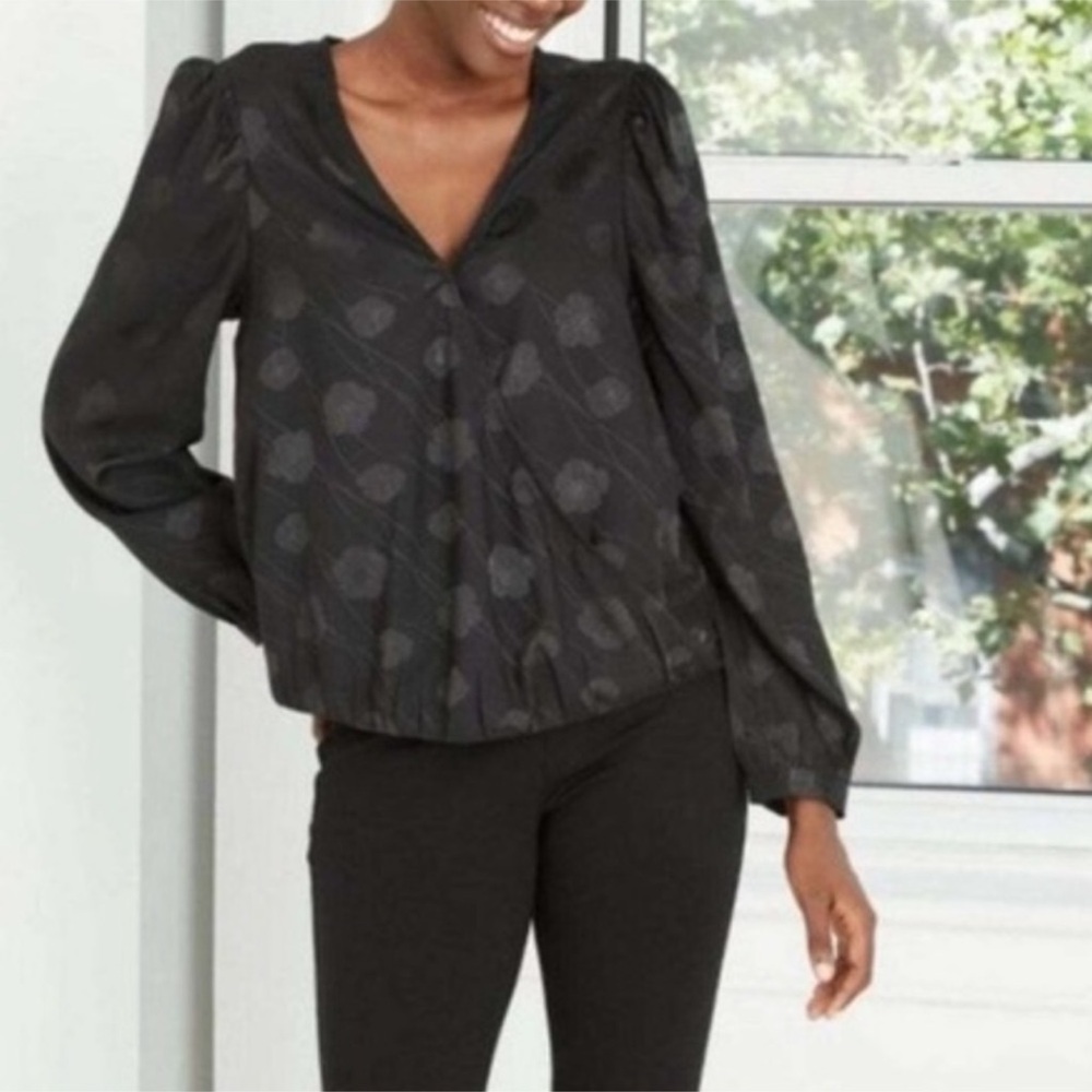 A new day black Surplice floral print long sleeve blouse